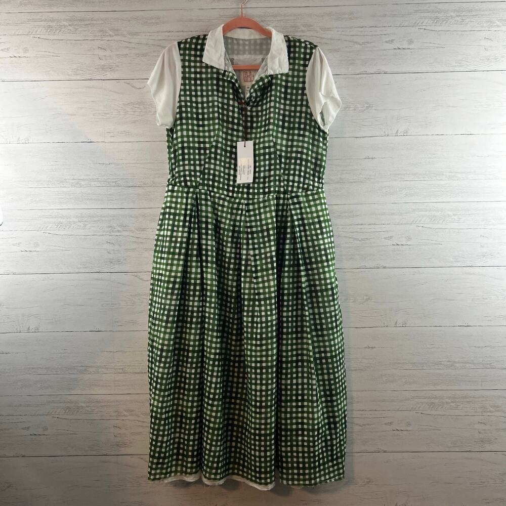 Hannoh Wessel NWT Green Check Midi Shirt Dress‎ Cottage Core Cotton Size 4/6